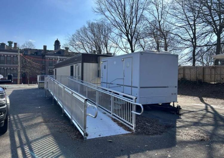 Mobile restroom trailer with ADA ramp at construction site Evesham and Marlton, NJ